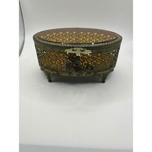 Vintage Amber Glass Jewelry Trinket Box Ornate Brass‎ Jewelry Casket Footed